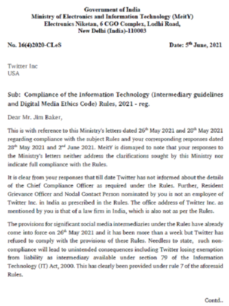 govt india letter to twitter