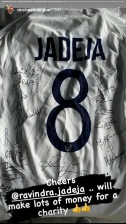 ravindra jadeja has gifted his test jersey to former england skipper michael vaughan